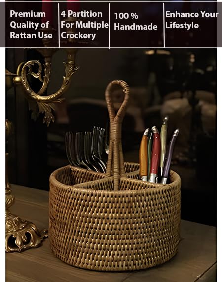 AKWAY Bamboo Rattan Spoon Stand | Round Cutlery Holder | Kitchen Rack for Café & Resto-bar | Tableware Storage (6.5W x 6.5L x 5H Inches, Beige) - Image 5