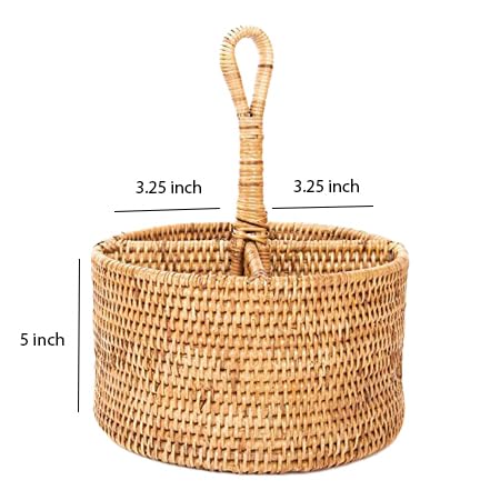AKWAY Bamboo Rattan Spoon Stand | Round Cutlery Holder | Kitchen Rack for Café & Resto-bar | Tableware Storage (6.5W x 6.5L x 5H Inches, Beige) - Image 4