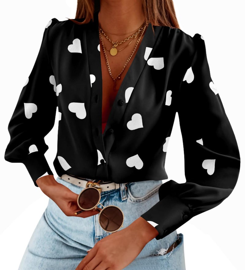 Flowyair Women's V Neck Shirts Button Down Long Sleeve Heart Print Casual Work Blouses X-Black - Image 1