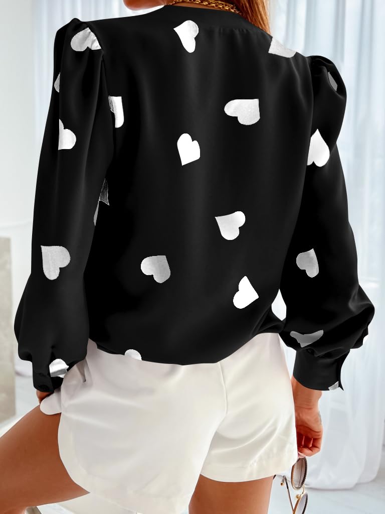 Flowyair Women's V Neck Shirts Button Down Long Sleeve Heart Print Casual Work Blouses X-Black - Image 2