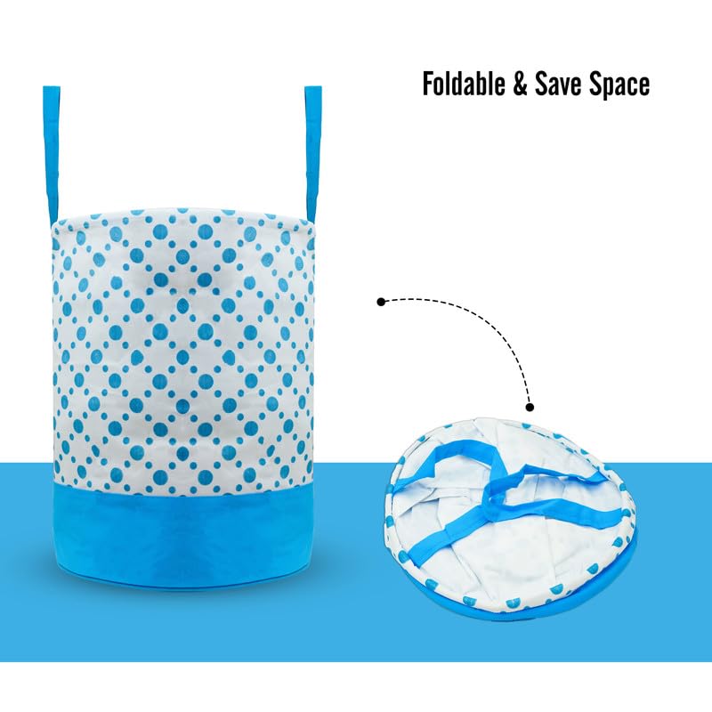 STORE MORE Round Canvas Polka Dot 45 L Laundry BagHamper Durable Collapsible Laundry Storage Basket for Dirty Clothes Foldable Bin with Side Handle for Clothes Toy Storage Blue Set of 2 - Image 4