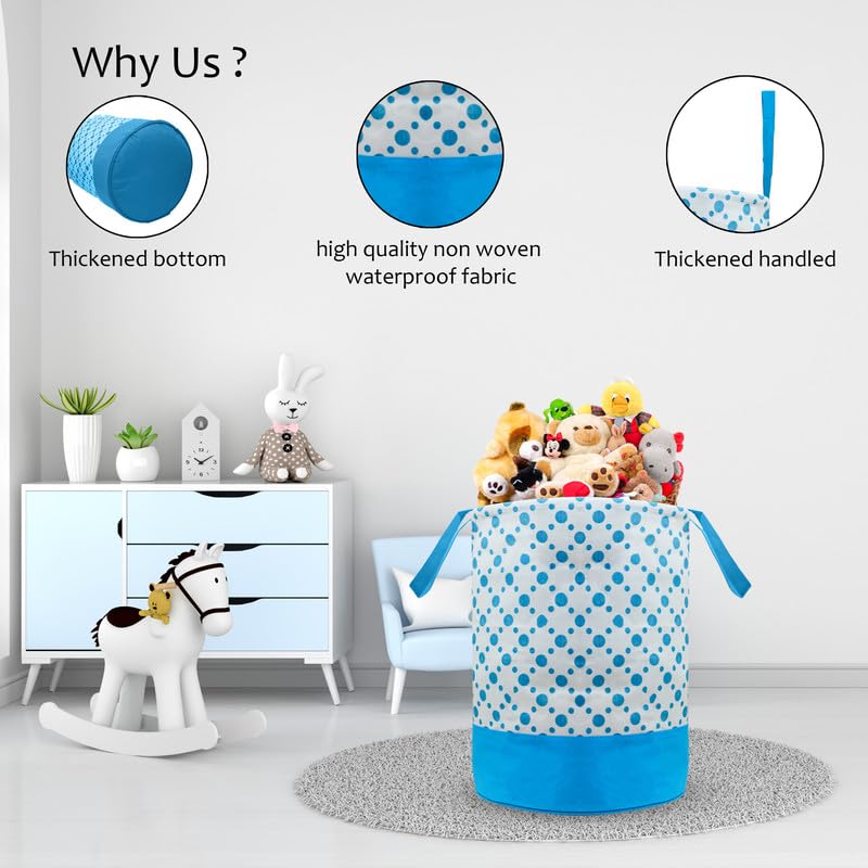 STORE MORE Round Canvas Polka Dot 45 L Laundry BagHamper Durable Collapsible Laundry Storage Basket for Dirty Clothes Foldable Bin with Side Handle for Clothes Toy Storage Blue Set of 2 - Image 5