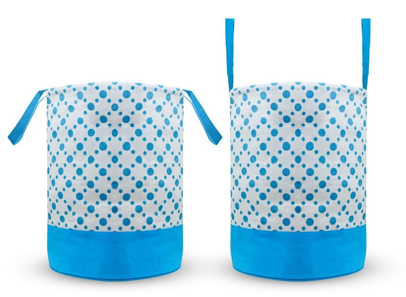 STORE MORE Round Canvas Polka Dot 45 L Laundry BagHamper Durable Collapsible Laundry Storage Basket for Dirty Clothes Foldable Bin with Side Handle for Clothes Toy Storage Blue Set of 2 - Image 1