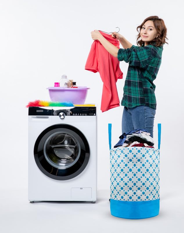 STORE MORE Round Canvas Polka Dot 45 L Laundry BagHamper Durable Collapsible Laundry Storage Basket for Dirty Clothes Foldable Bin with Side Handle for Clothes Toy Storage Blue Set of 2 - Image 3