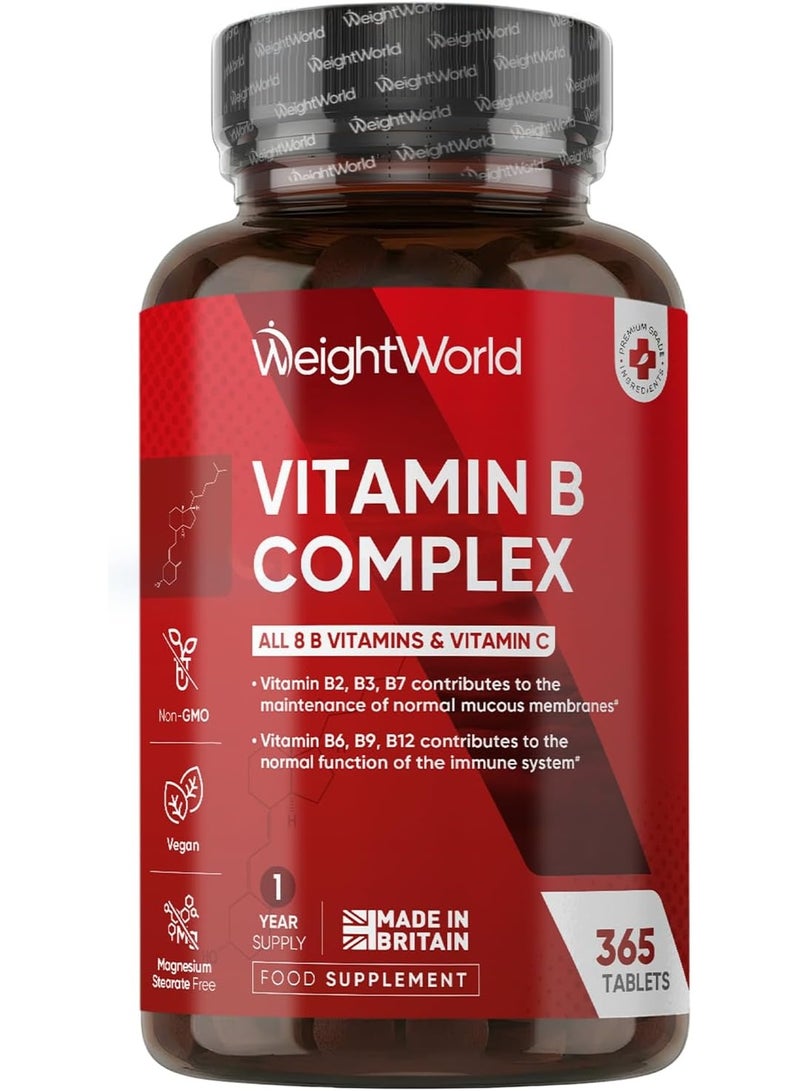 WeightWorld Vitamin B Complex Supplement - 365 Tablets - 1 Year Supply - with All 8 B Vitamins & C - 1 Tablet-a-Day - Non-GMO, Gluten-Free & Vegan-Friendly - for Men & Women - Image 1