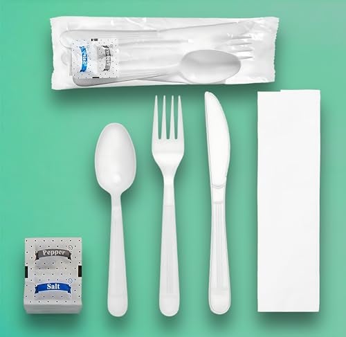 Pokanic Plastic Utensils Silverware Wrapped Combo Set Bulk Variety Pack Disposable Cutlery Party Supply Heavy Duty Forks Spoons Knives Napkins Salt and Pepper 50 White  Set A