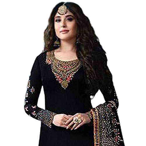 Miss Ethnik بلوزة نسائية سوداء من قماش جورجيت شبه مخيطة مع بنطال سانتون غير مخيط وشال جورجيت مزخرف (طقم سالوار) (ME-1-976-أسود) - Image 3