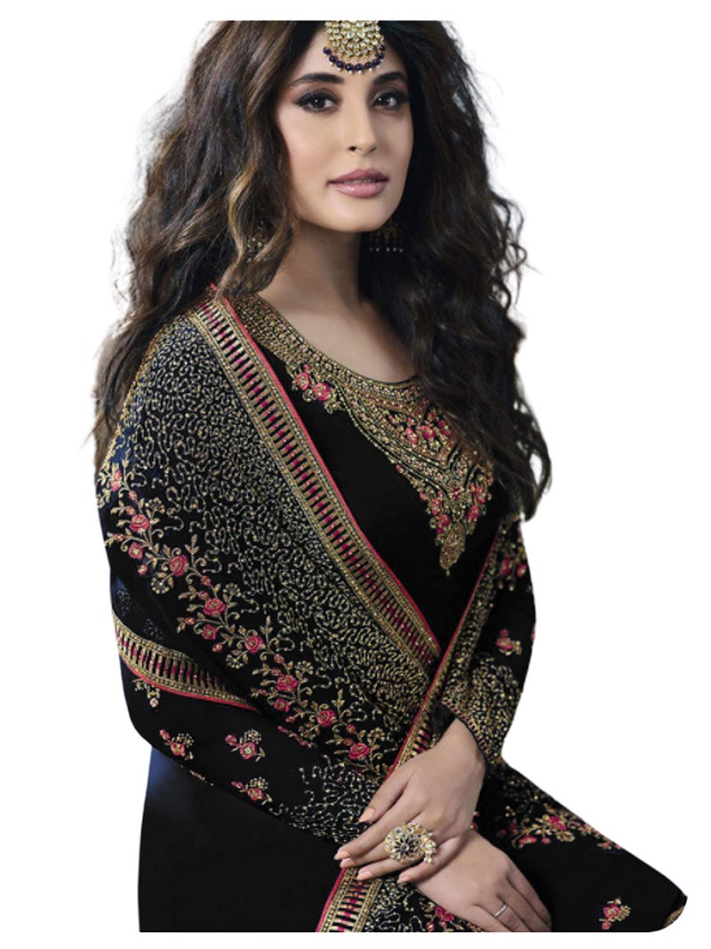 Miss Ethnik بلوزة نسائية سوداء من قماش جورجيت شبه مخيطة مع بنطال سانتون غير مخيط وشال جورجيت مزخرف (طقم سالوار) (ME-1-976-أسود) - Image 2