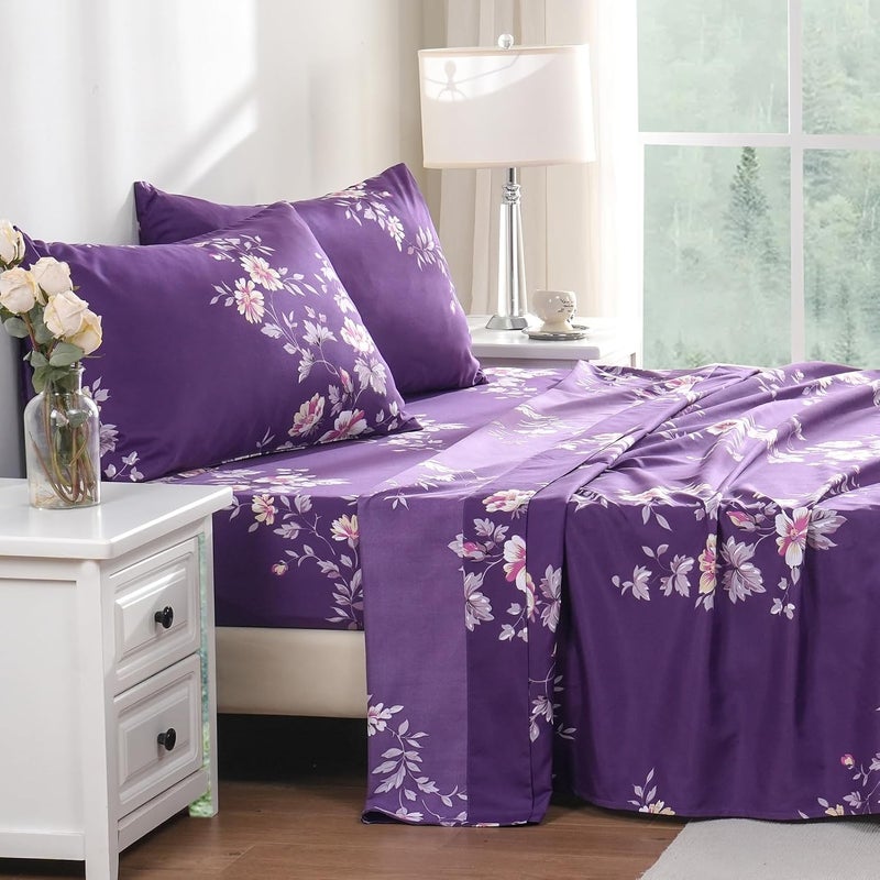 مجموعة أغطية مقاس كوين فائقة النعومة والتهوية والحريرية، جيوب عميقة، 100% مايكروفايبر، 4 قطع، مقاس كوين، زهور أرجوانية داكنة - Image 4