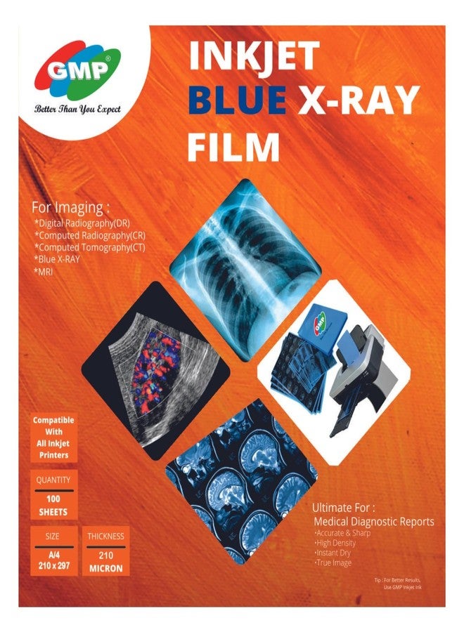 GMP Inkjet Medical Blue Film for X Ray imaging/Waterproof Film/SIZE: A4 (210mm x 297mm X 100 Sheet Pack of 280 GSM / 210 Micron compatible with Canon, Epson,Brother,HP Printers - Image 1
