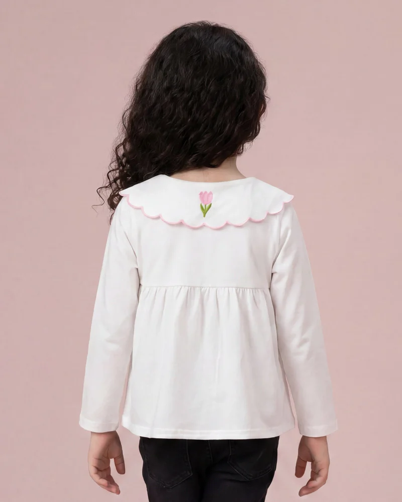 REDTAG Girls White Embroidered Collar Jersey Top