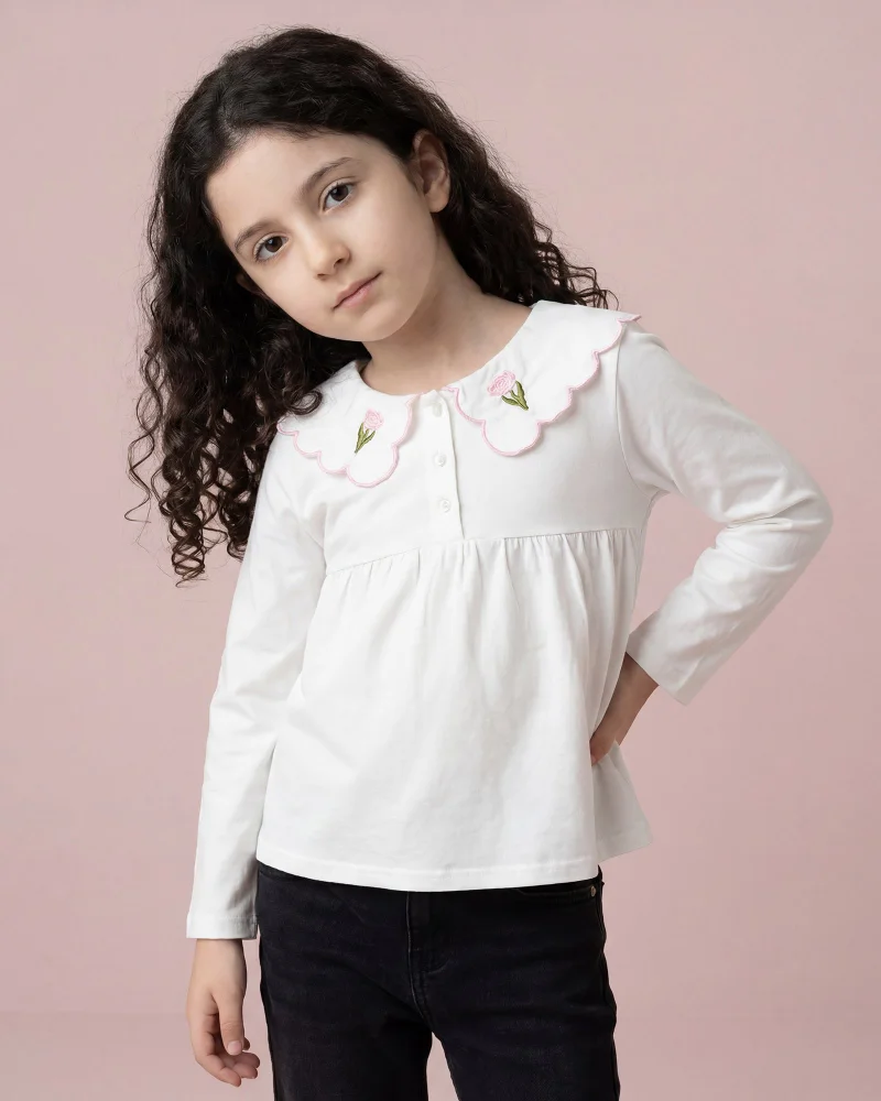 REDTAG Girls White Embroidered Collar Jersey Top