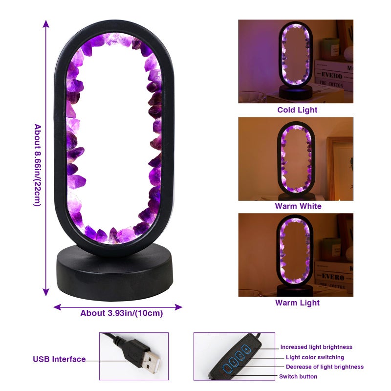 Runyangshi Crystal Lamp Amethyst Raw Stone Ellipse Night Lamp Natural Healing Crystal Night Light Table Lamp Base USB Port 3 Colours Mode for Bedroom Bedside Lamp Office Home Decor Gift - Image 2