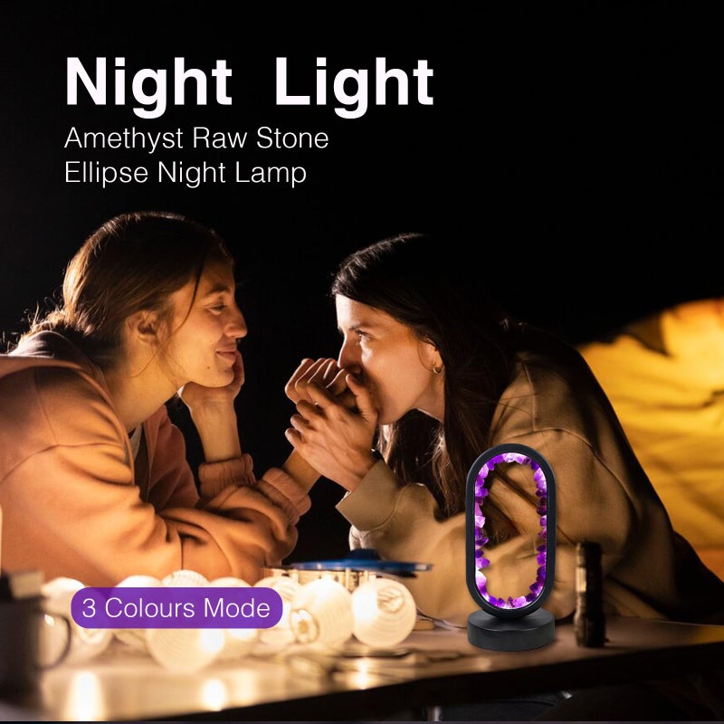 Runyangshi Crystal Lamp Amethyst Raw Stone Ellipse Night Lamp Natural Healing Crystal Night Light Table Lamp Base USB Port 3 Colours Mode for Bedroom Bedside Lamp Office Home Decor Gift - Image 3