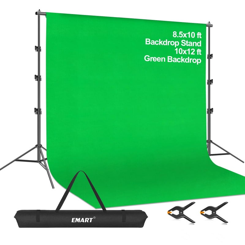 EMART Photo Video Studio 8.5 x 10ft Green Screen Backdrop Stand Kit, Photography Background Support System with 10 x12ft 100% Cotton Muslin Chromakey Curtain - Image 1