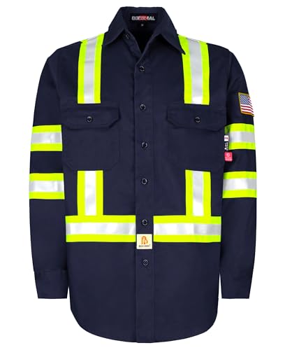 BOCOMAL FR Shirts High Visibility Button Down 75oz ANSIISEA Type O Class1 Flame Resistant Hi Vis Refective Safety Jacket - Image 1
