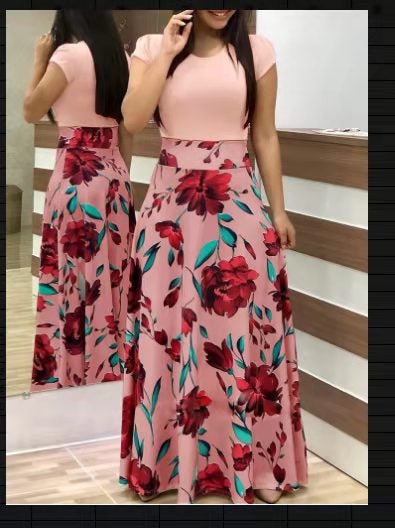 Digital Print Colorblock Maxi Dress Lotus root pink 