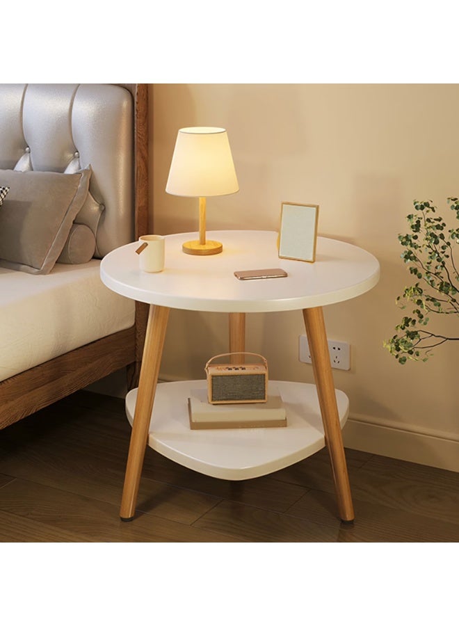 DubaiGallery Round 2-Tier Coffee Table 60x52x48cm, Modern Side Table with White Shelves and Natural Wooden Legs, Compact Living Room Accent Table for Home, Bedroom, Lounge, Office and Decorative Storage - Image 1