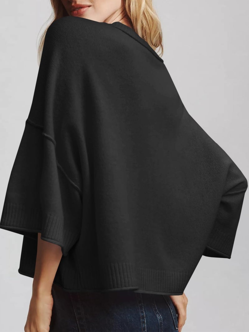 Saodimallsu Womens Short Sleeve Sweater Summer Oversized Cropped Sweaters Casual Crewneck Lightweight Knit Tops Black - Image 4
