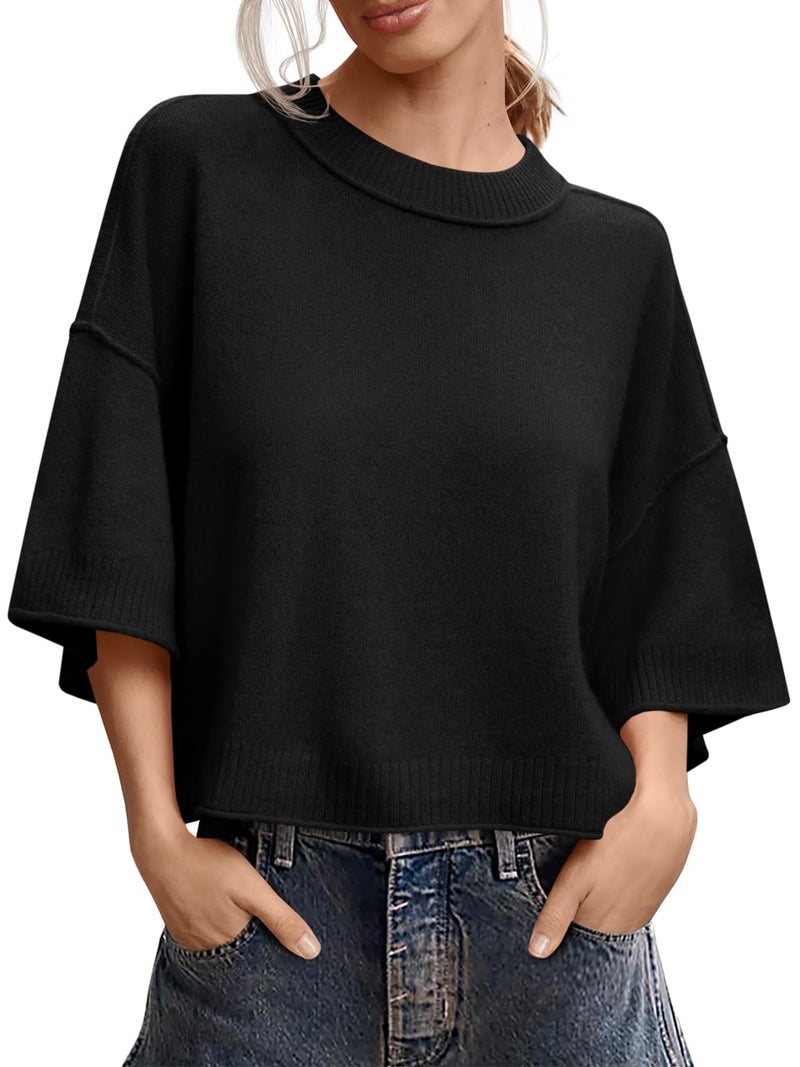Saodimallsu Womens Short Sleeve Sweater Summer Oversized Cropped Sweaters Casual Crewneck Lightweight Knit Tops Black - Image 1