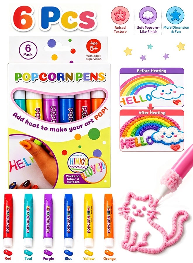GD 6 Colors Magic Bubble Drawing Pens 3D Popcorn Puffy Paint Pens for Kids - Heat Activated DIY Art Craft Marker Set for Kids Age 5+, Birthday & Party Favors & Classroom Art Use - Image 1