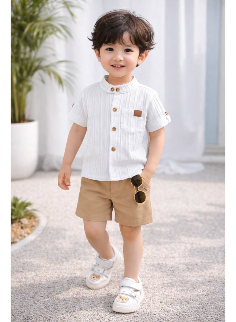 Smarties AE Baby Boys 2-Piece Summer Outfit Set – Textured Short Sleeve Button Shirt with Shorts – Casual Cotton Blend Clothing Set for Toddlers 18-24 Months - Image 1