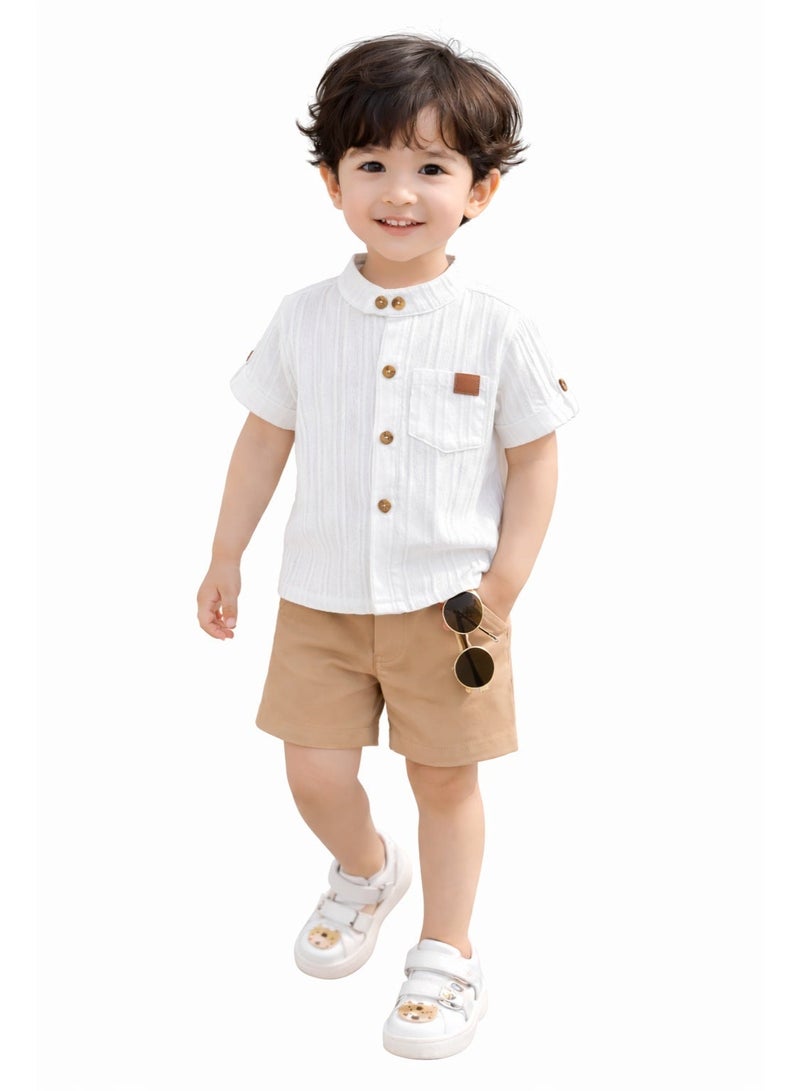 Smarties AE Baby Boys 2-Piece Summer Outfit Set – Textured Short Sleeve Button Shirt with Shorts – Casual Cotton Blend Clothing Set for Toddlers 18-24 Months - Image 2
