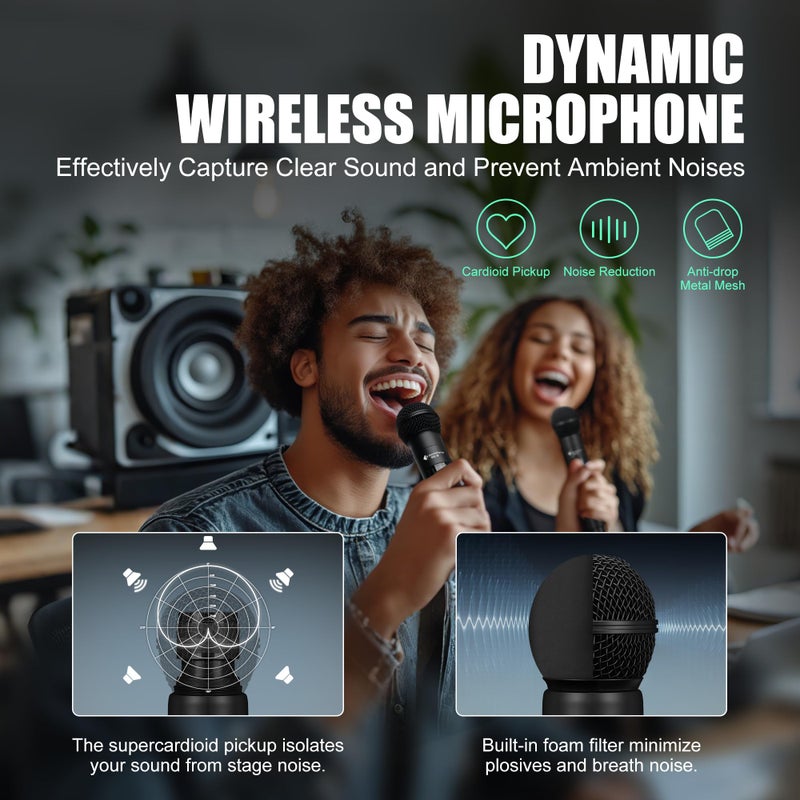 SonixForce Wireless Microphone - Karaoke Microphone for Singing -Rechargeable Dual Dynamic Handheld Microphones with Receiver - 240ft Range Cordless Mic for Speaker, Mixer, Amplifier & Karaoke Machine - Image 2