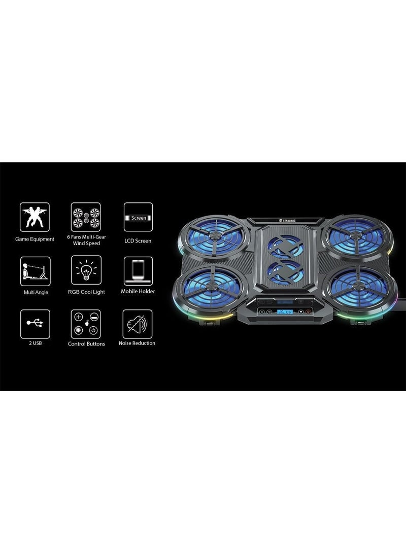 اس تي قاعدة تبريد الكمبيوتر المحمول iCE 08 - 6 مراوح هادئة بإضاءة RGB (4 × 120 مم، 2 × 70 مم) - مع تحكم في السرعة (250: 1000 دورة في الدقيقة) - منفذ طاقة USB وموزع USB - حامل للهاتف - Image 5