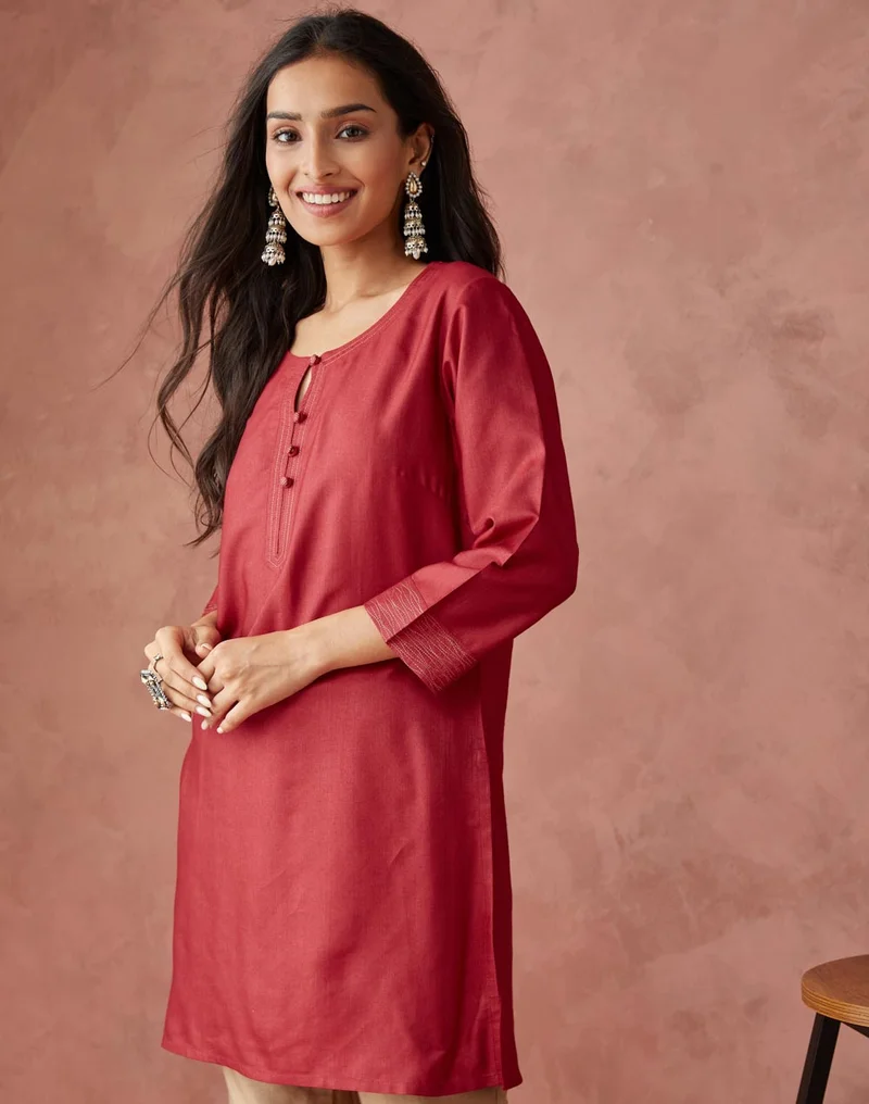 Fabindia Pink Viscose Silk Slim Fit Short Kurta