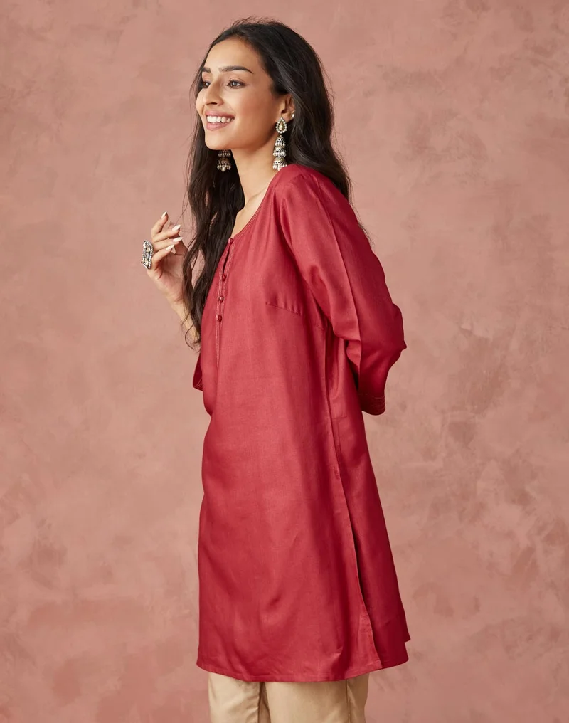 Fabindia Pink Viscose Silk Slim Fit Short Kurta