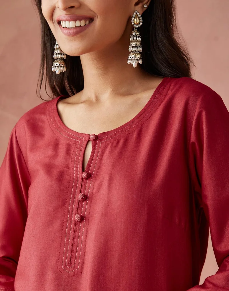 Fabindia Pink Viscose Silk Slim Fit Short Kurta