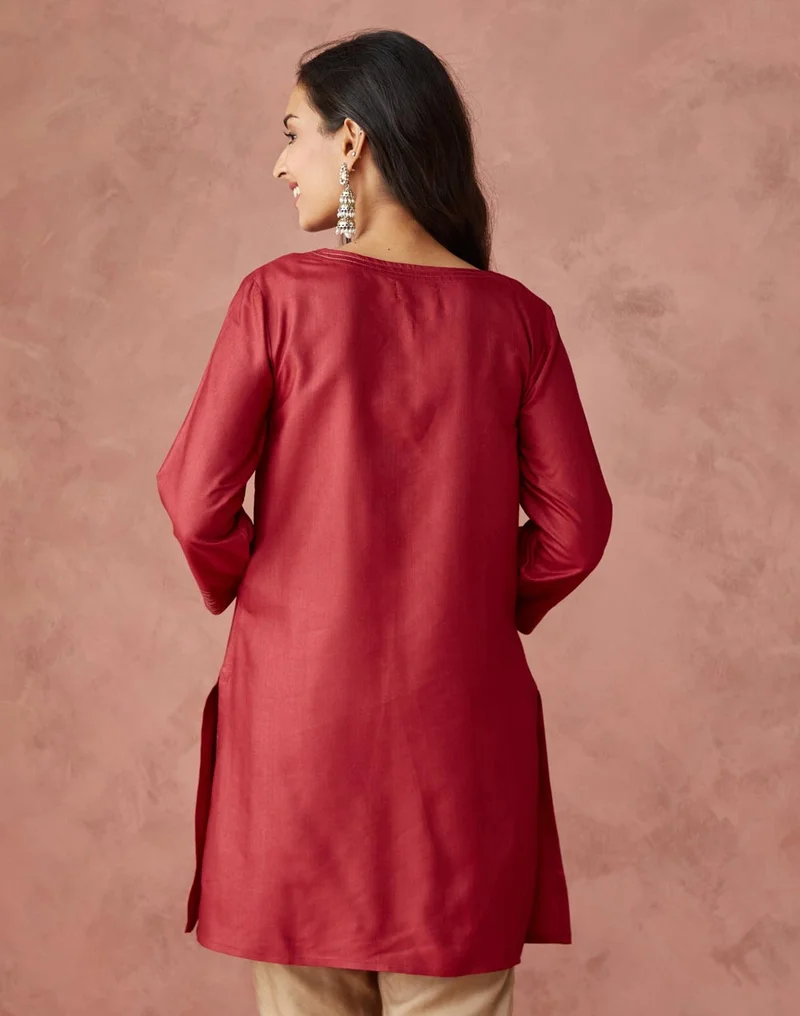 Fabindia Pink Viscose Silk Slim Fit Short Kurta