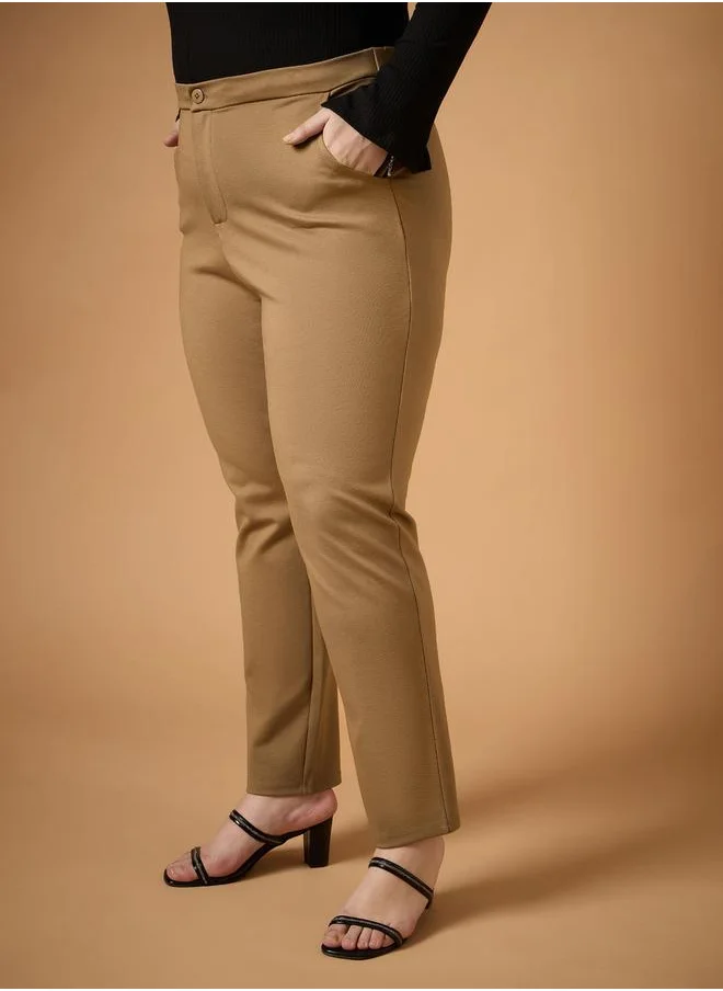 SASSAFRAS Plus Size Solid Mid Rise Slim Fit Pants by Styli