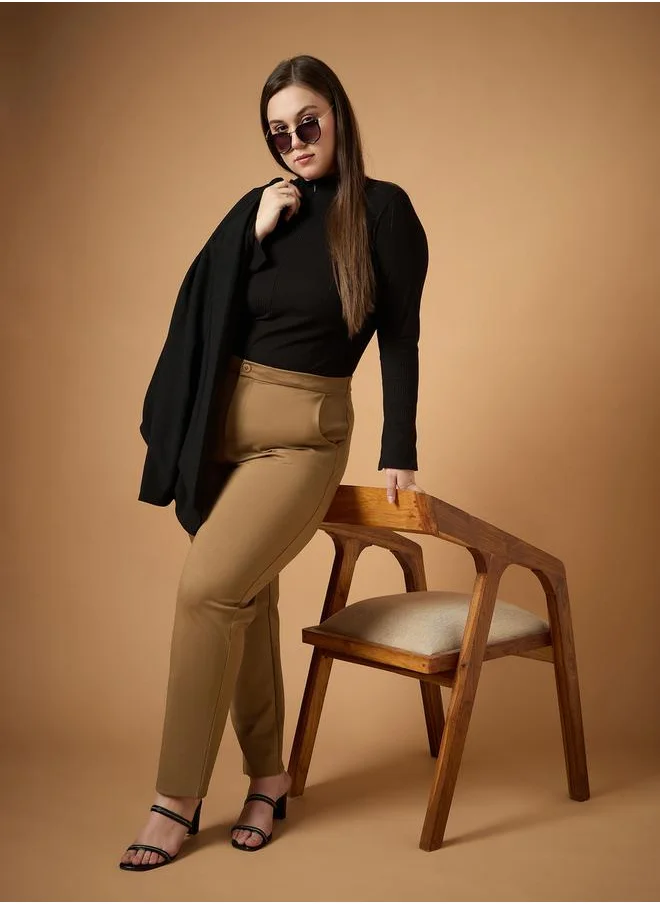 SASSAFRAS Plus Size Solid Mid Rise Slim Fit Pants by Styli