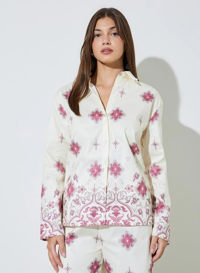 ستايلي Off-White Printed Shirt and Wide Leg Pants Co-ord Set