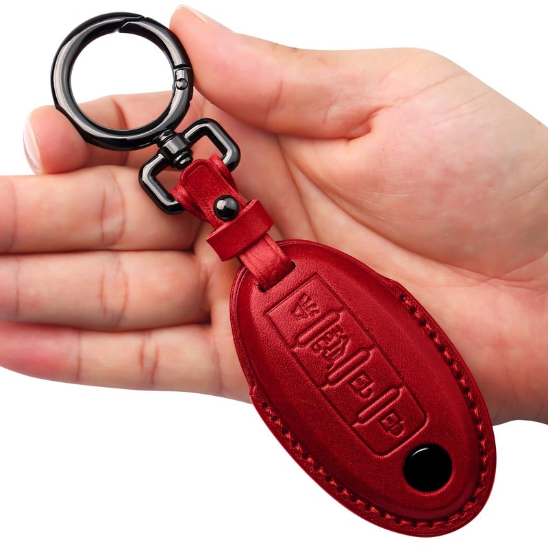 Tukellen Compatible with Nissan Key Fob Cover Handmade Genuine Leather Case for Altima Pathfinder Armada Murano Maxima Rogue Infinity Smart Remote 4 Buttons KeyRed