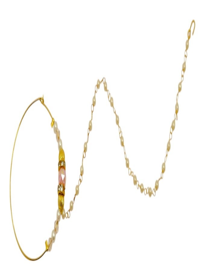 Traditional Pearl Chain Nose Ring with Gold-Toned Hoop and Pink Crystal, Wedding Jewellery