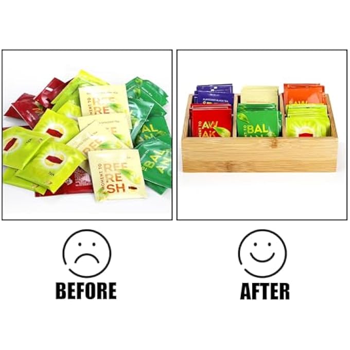 KASTWAVE 1 Pack Bamboo Tea Bag Organizer Wood Tea Chest Box With 6 Compartments For Tea Bags Sugar Packets Sweeteners  Small Packets For Coffee Station Storage - Image 5