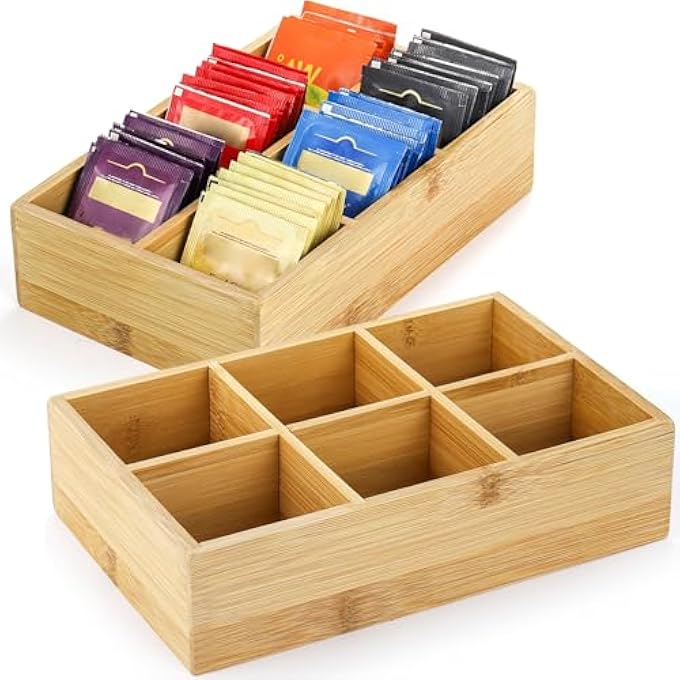 KASTWAVE 1 Pack Bamboo Tea Bag Organizer Wood Tea Chest Box With 6 Compartments For Tea Bags Sugar Packets Sweeteners  Small Packets For Coffee Station Storage - Image 1