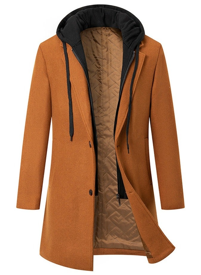 Loquat Men's Wool Blend Detachable Hooded Coat Thick Windbreaker Trench Soft Warm Coat Camel  - Image 1