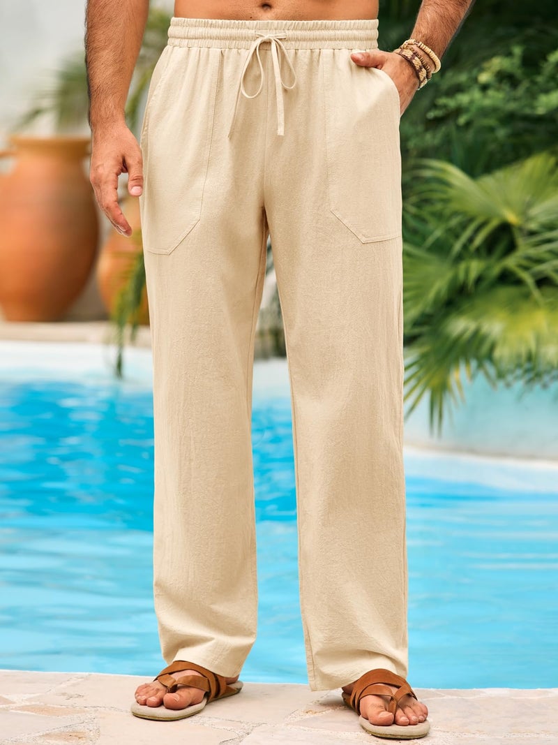 Runcati Mens Casual Pants Linen Drawstring Elastic Waist Loose Fit Straight Leg Pants Summer Beach Vacation Yoga Trousers Beige - Image 2