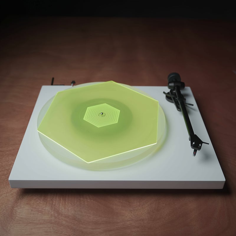 Newly Upgraded Heavy Duty Hexagonal Acrylic Turntable Mat Fluorescent Green Compatible with 12 10 7 Inch Vinyl Records Anti Slip Noise Reduction Enhanced Bass Anti Static Dust Proof - Image 5