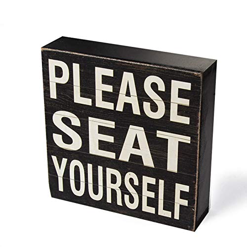 Yankario Farmhouse Funny Bathroom Signs Decor, Classic Wooden Box Sign 6" Square, Black/White Please Seat Yourself - Image 1