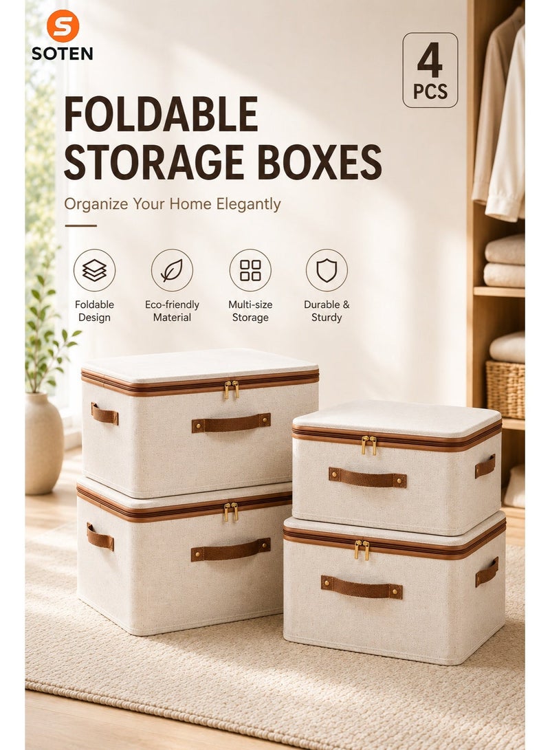 SOTEN 4 Pcs Storage Boxes Clothes Organizer with Lids, Foldable Storage Box with Handles, Washable Fabric Storage Bins with Zippers, Large Capacity Wardrobe Organizer for Clothes, Toys & Accessories, Reusable Closet Organizers & Space-Saving Storage Basket - Image 1