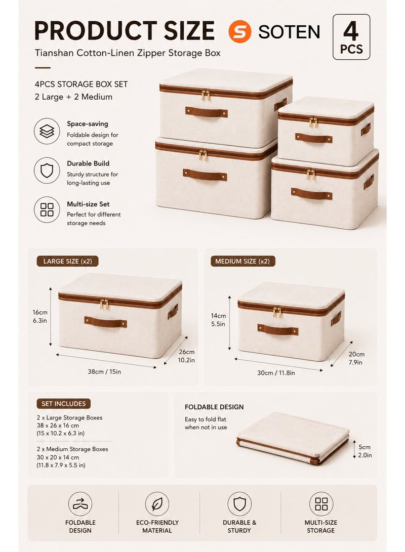 SOTEN 4 Pcs Storage Boxes Clothes Organizer with Lids, Foldable Storage Box with Handles, Washable Fabric Storage Bins with Zippers, Large Capacity Wardrobe Organizer for Clothes, Toys & Accessories, Reusable Closet Organizers & Space-Saving Storage Basket - Image 4