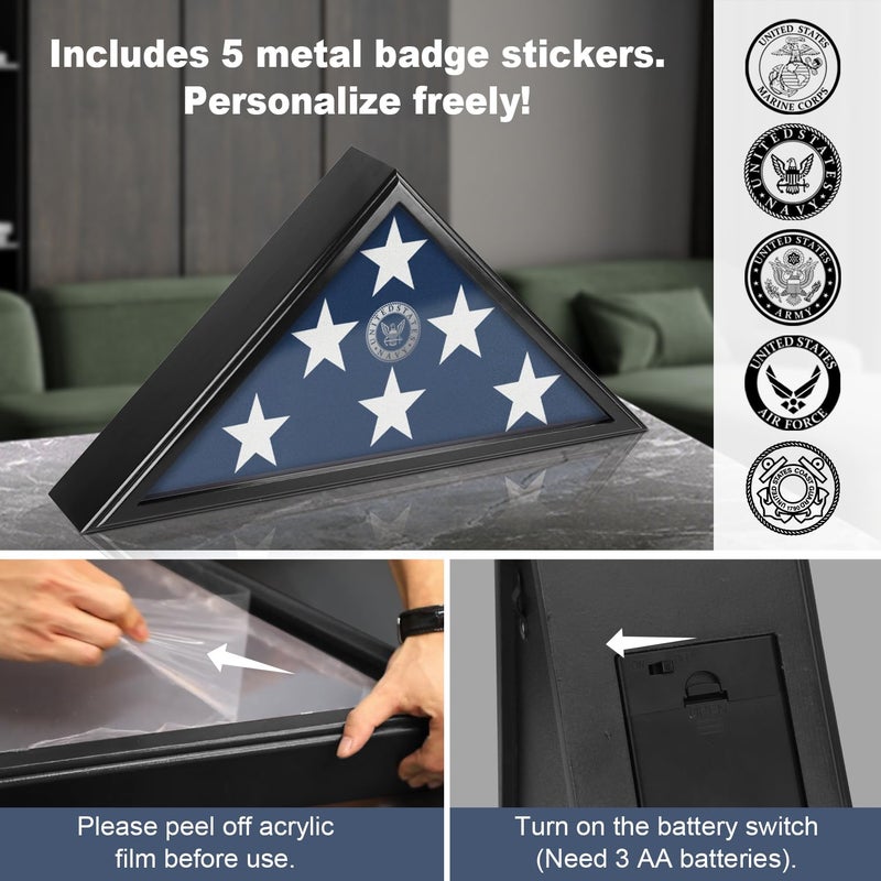 TAEYONK Flag Case with Lights for Burial Flag, 5' x 9.5' Funeral Flag Display Case, Wooden Memorial Flag Shadow Box for Military Veterans, Flag Holder for Wall or Standing Display (Black) - Image 3