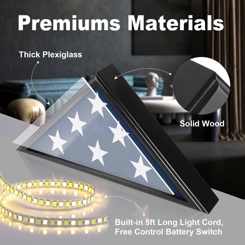 TAEYONK Flag Case with Lights for Burial Flag, 5' x 9.5' Funeral Flag Display Case, Wooden Memorial Flag Shadow Box for Military Veterans, Flag Holder for Wall or Standing Display (Black) - Image 2