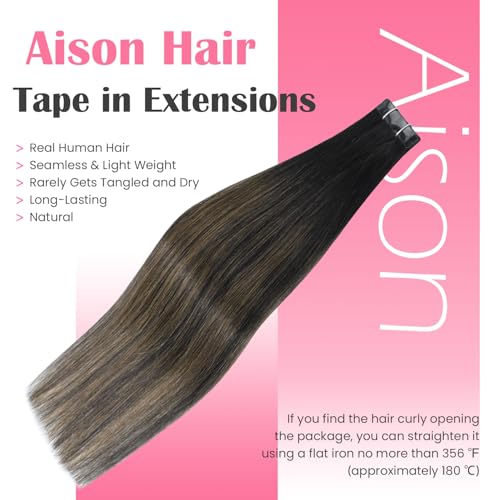 Aison Tape in Hair Extensions 1BT6P1B Natural Black to Chestnut Brown 100% Remy Human Hair Extensions Silky Straight for Fashion Women 20 Pcs/Package(22Inch #1BT6P1B 60g) - Image 4