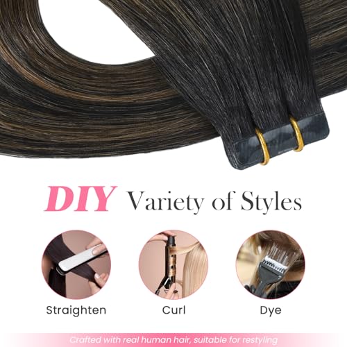 Aison Tape in Hair Extensions 1BT6P1B Natural Black to Chestnut Brown 100% Remy Human Hair Extensions Silky Straight for Fashion Women 20 Pcs/Package(22Inch #1BT6P1B 60g) - Image 5